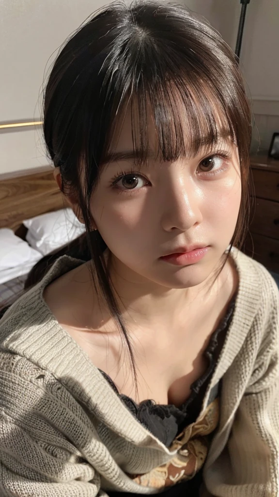 (highest quality,masterpiece:1.3,ultra high resolution),(Super detailed,caustics,8k),(photorealistic:1.4,RAW shooting),(A girl with an angry expression and puffing out her cheeks:1.1),Bedroom,sit on the bed,(face forward),18-year-old,Japanese,cute,black short hair,Moist eyes,upward glance,look up at the camera,sweater,big ,(face focus),Face close-up,bust up shot,(High Position:1.1),(high angle:1.2),Natural light,naked,nsfw
