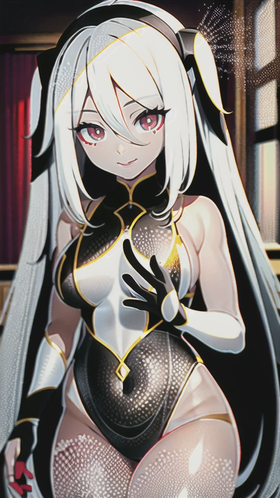 best quality, masterpiece, girl, long white hair, red eyes, home, sun shining, shiny skin, sun flare
