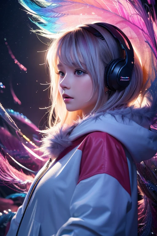 (best quality,4k,8k,highres,masterpiece:1.2),ultra-detailed,(realistic,photorealistic,photo-realistic:1.37),colorful hyperrealistic digital painting of a beautiful girl with striking black eyes, light pink straight hair, glowing white skin, extremely detailed, fractal art elements, floral textures, dynamic pose, abstract background, glowing skin, many colors, earrings, feather,night scene,full of notes,decorative panel,abstract art background,side profile view

(best quality,4k,8k,highres,masterpiece:1.2),ultra-detailed,(realistic,photorealistic,photo-realistic:1.37),colorful 3D rendered digital painting of an adorable chipmunk with fluffy fur,silver blue outfit,hoodie,headphones,modern and inorganic background,bright lighting,vibrant colors,outside in the rain