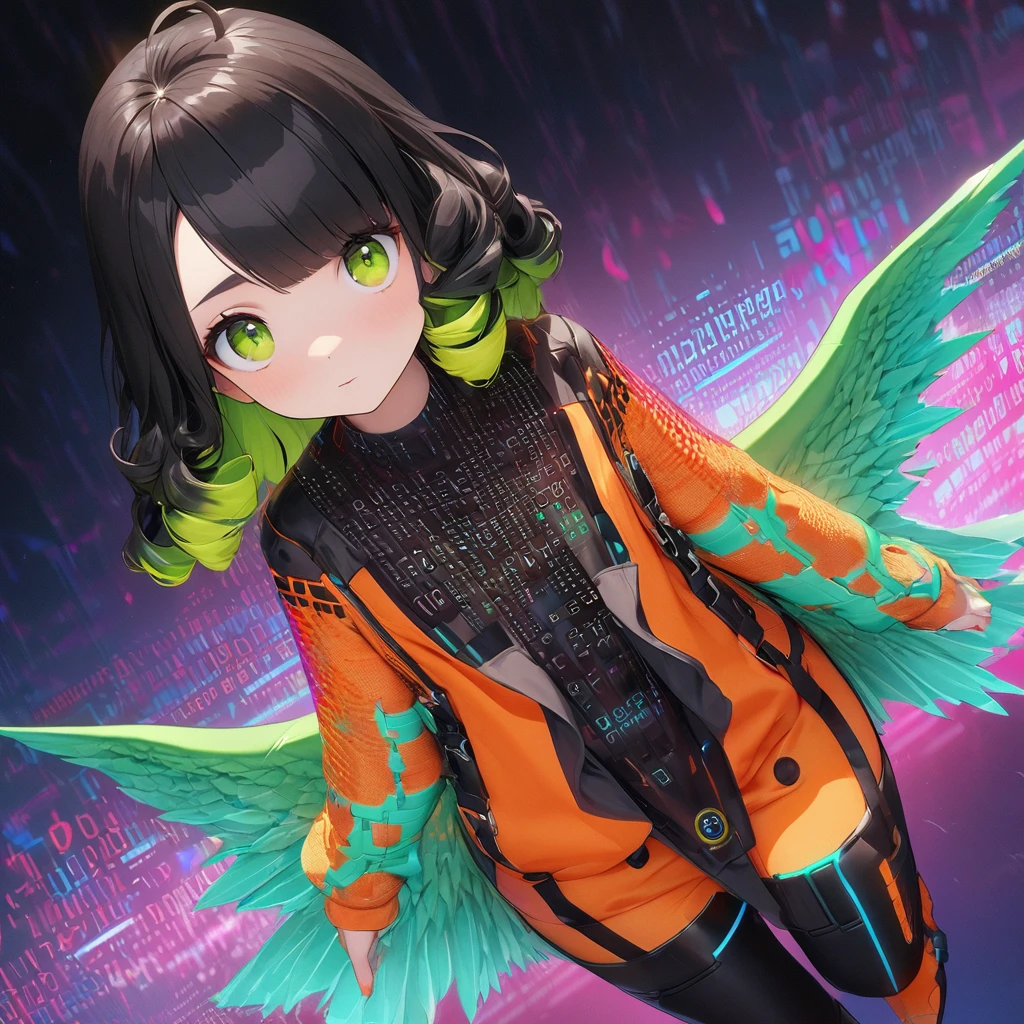 (detailed line_art, aesthetic art, pale tone):1.3, (masterpiece, photo_real, official_art, octane-render):1.4, 1 fallen_angel, 6 feather_wings:1.3, (detailed gradient dragon eyes, round eyes), cherubic-face, (detailed brown eyes, jet-black hair, colored inner orange ombre hair multicolored hair, curly):1.21, another 1 girl (detailed green eyes, jet-black hair,colored inner green ombre hair multicolored hair,antenna hair):1.21, diffused natural skin glow, (perfect hands only 5fingers), from above, spread_eagle, (in orange t_shirt, pearl_metallic_cardigan, radial_fish_net_pattern), ((dark-gray combination tight skirt, include colorful binary code, digital data of her form molded from clear, luminous glitches, binary code cascading in symmetrical patterns, housing a multitude of binary code tech, boots, bold, statement_piece, edgy, feminine, fashion_forward, confident, stylish, unique, eye-catching, color_palette, complementary_colors, accessories)), (ennui, mischievous), dense and delicate clothes, (moonlight, light caustics, Faintly emerge from the darkness), (light-shadow symmetry),