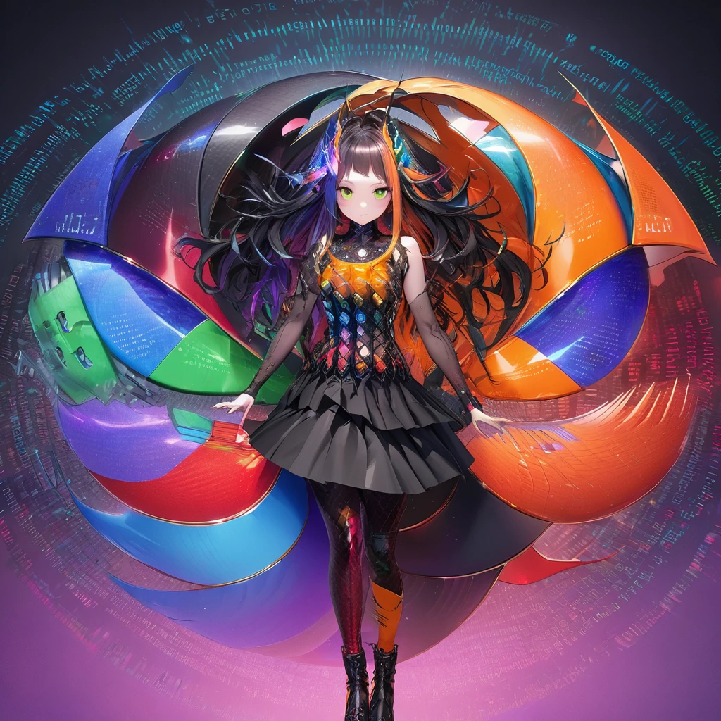 (detailed line_art, aesthetic art, pale tone):1.3, (masterpiece, photo_real, official_art, octane-render):1.4, 1 fallen_angel, 6 feather_wings:1.3, (detailed gradient dragon eyes, round eyes), cherubic-face, (detailed brown eyes, jet-black hair, colored inner orange ombre hair multicolored hair, curly):1.21, another 1 girl (detailed green eyes, jet-black hair,colored inner green ombre hair multicolored hair,antenna hair):1.21, diffused natural skin glow, (perfect hands only 5fingers), from above, spread_eagle, (in orange t_shirt, pearl_metallic_cardigan, radial_fish_net_pattern), ((dark-gray combination tight skirt, include colorful binary code, digital data of her form molded from clear, luminous glitches, binary code cascading in symmetrical patterns, housing a multitude of binary code tech, boots, bold, statement_piece, edgy, feminine, fashion_forward, confident, stylish, unique, eye-catching, color_palette, complementary_colors, accessories)), (ennui, mischievous), dense and delicate clothes, (moonlight, light caustics, Faintly emerge from the darkness), (light-shadow symmetry),