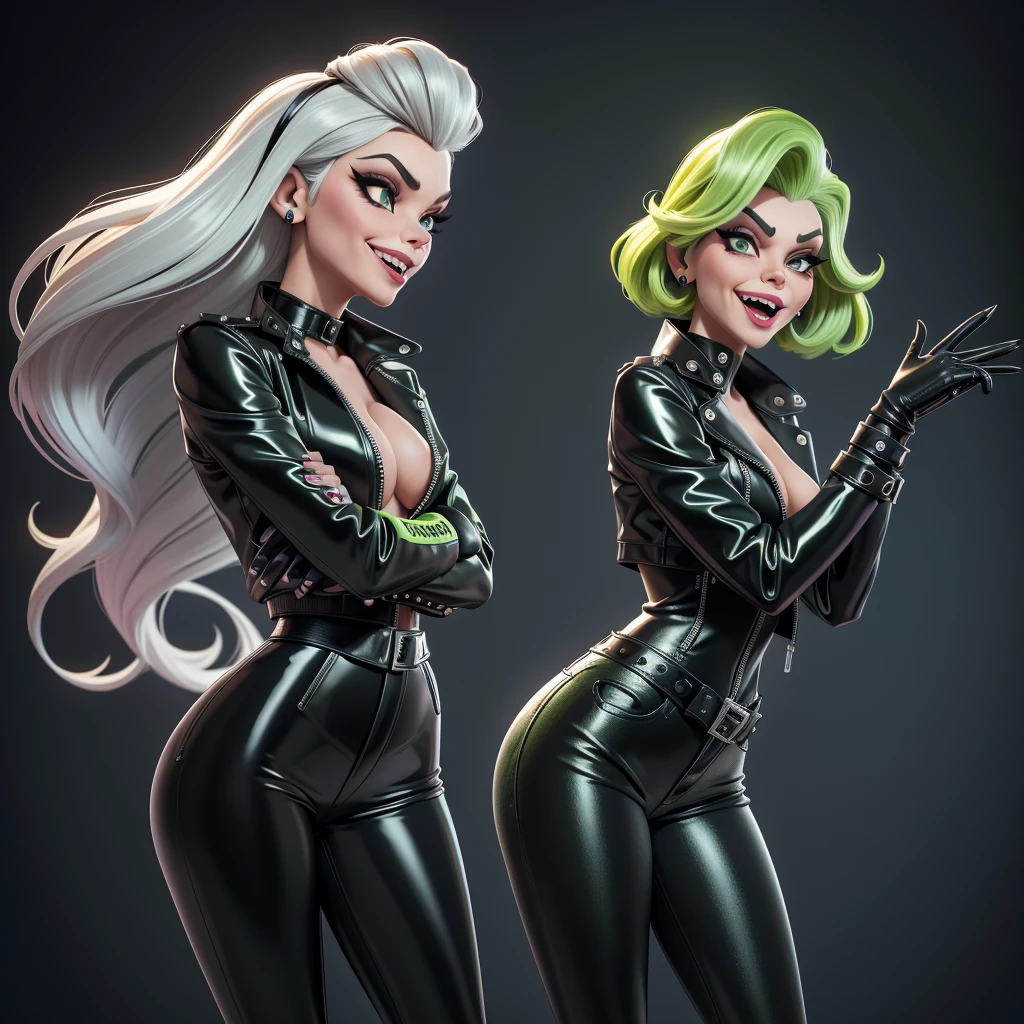 obra prima, melhor qualidade, (cruella deville, elizabeth montgomery, vamp 70yo face wrinkles,) head back, sassy wicked girl, big toothy smile, open mouth, maniacal, extreme, thick smoky black eye shadow, long fake eyelashes, raven black mullet hair, ((metallic lime green pvc biker jacket, skinny jeans,)) with studs zippers snaps, shiny leather gloves, body is skinny, against the wall, shiny tight buttocks, kama sutra, fellatio, camera view of whole body, looking up at me, shallow depth of field, highres, HD, 8k, anatomically correct
