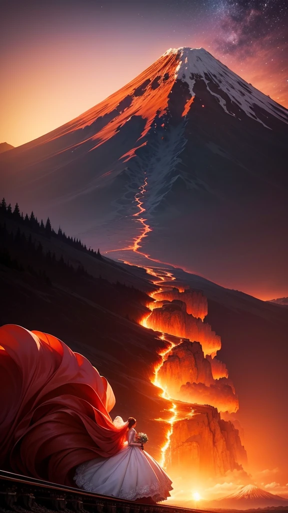 Fiery wedding dress with a long fiery train, Sunset Horizon, background cascade volcano, background huge moon and star swirl