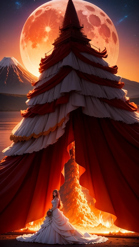 Fiery wedding dress with a long fiery train, Sunset Horizon, background cascade volcano, background huge moon and star swirl
