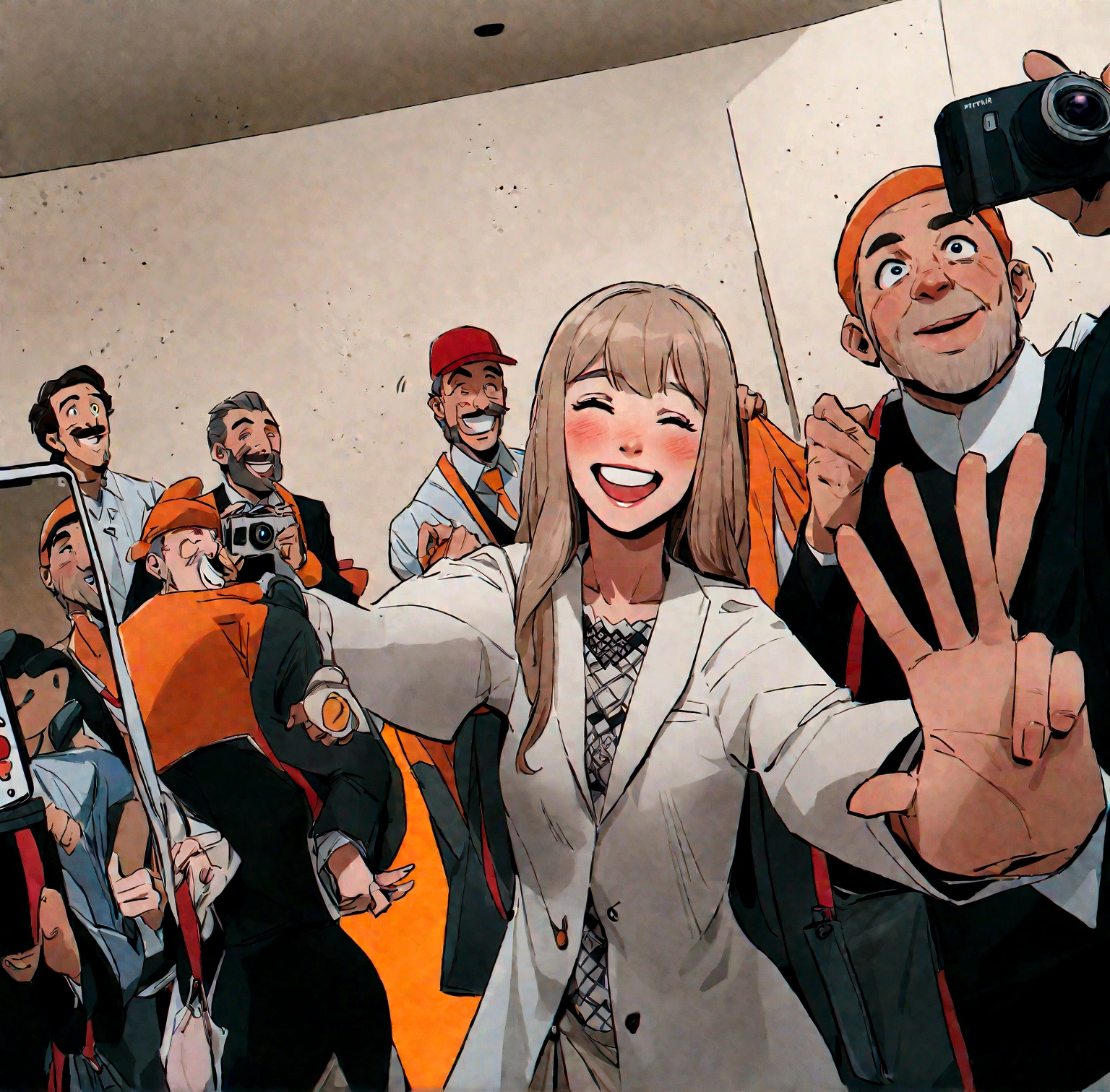 Narendra Modi and woman taking a selfie with a camera, very expressive, very very happy!, very very happy, very happy, untitled, by Sam Dillemans, while smiling for a photograph, welcoming grin, the last selfie ever taken, by Emanuel Witz, by Matthias Stom, by Heinz Edelman, very excited, by Federico Zuccari, by Mario Bardi