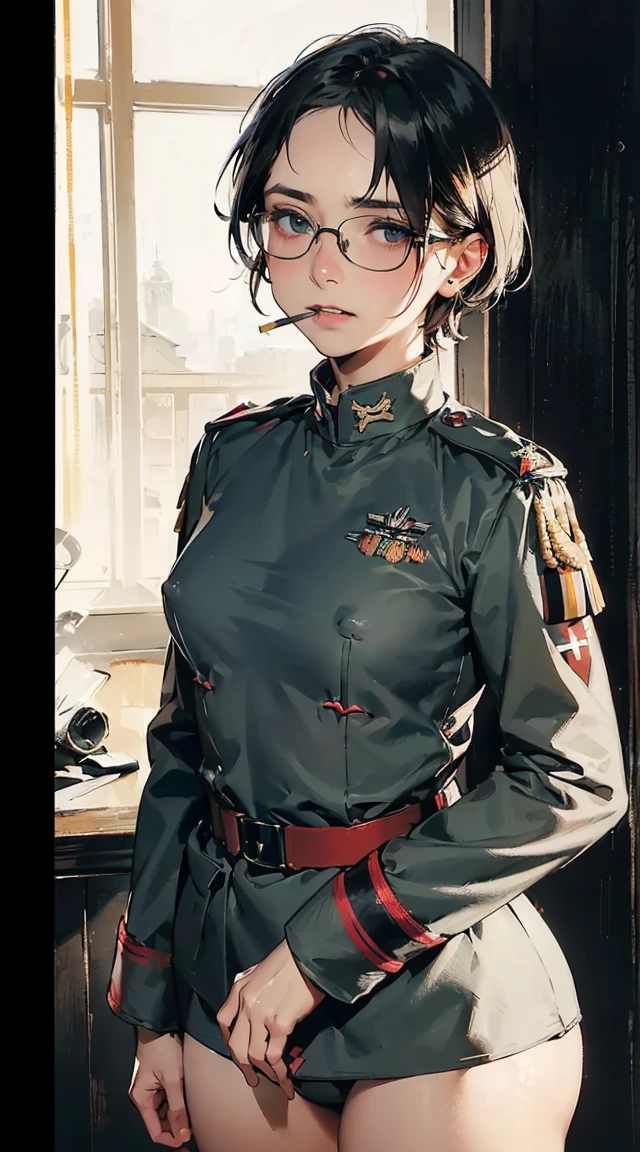 TheConvict, short blonde hair, blue eyes, upper body, cigarette in mouth, solo1.2, angry expression,
Orange Jumpsuit with number 10, no bra, holding a gun, pistol,
dungeon,
(insanely detailed, beautiful detailed face, masterpiece, beautiful detailed eyes, best quality) ((8K resolution))、((highest quality))、((masterpiece))、((Super detailed))((((dramatic))), (anatomically correct)、one woman、28 years old,thin,very short hair,pixie cut ,black hair, jagged teeth、double teeth、mouth is slightly open、blushed、(half closed eyes:1.1),thin bear、NSFW,small breasts、small nipples、white t-shirt、No underwear、tattoo、navel piercing、pubic hair,pussy,(theme、whole body)、Bedroom,on the bed, liar,behind, modesta, tiro remoto, Detalhe bonito rosto delicado, Olhos delicados bonitos detalhados, perfect facial proportions, High definition skin, pele fina, best four inch aspect ratio. Com um polegar, uma obra-prima, altamente detalhado, Realistic, (German World War II general uniform reference : 1.8), the highest facial resolution, , mulher modestamente vestida, vestido inteiramente, ( pequeno, cabelos pretos, black franja reta, super thin braids, franja reta, Red glasses, olho verde escuro, science fiction, Fighter aircraft, standing On the landing of a Fighter aircraft, the agency, uma personalidade profundamente inteligente, A calm expression, um rosto respeitoso, uma guerra, a Fighter aircraft BIGHIP BIGASS FUCKOFF FUCKFUCKFUCK
