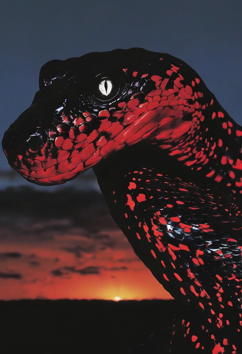 red and black snake face in front of sunset