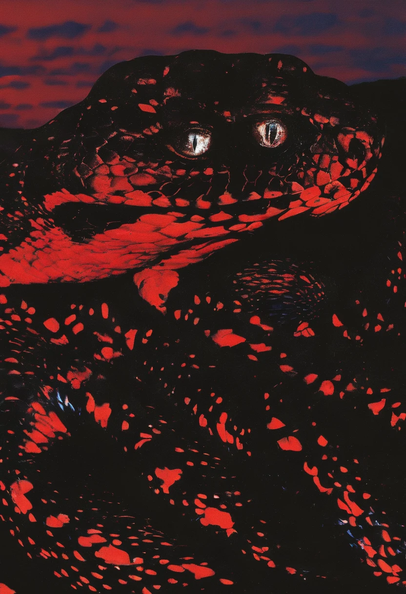 red and black snake face in front of sunset