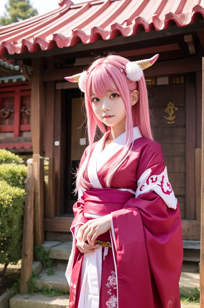 Pink hair, demon horns, shrine maiden outfit, girl