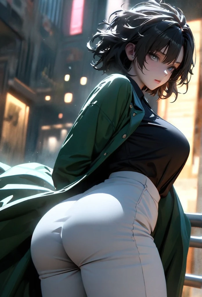 (solo), pitch black hair, messy hair, mane hair, short hair, dense hair, wild hair, expressive hair, ,(25 year old), pale skin, ((Female)), grey eyes, beautiful girl, wearing a black shirt, emerald green trench coat, white dress pants, open suit, thicc, beautiful, attractive, big breastum ass, eye reftion, depth of field, thunder aura, cinematic lighting, ray tracing, depth of field, cinematic lighting, ray tracing, UHD, high details, best quality, highres, high quality, award winning, super detail, masterpiece, 8k, UHD, high details, best quality, highres, high quality, award winning, super detail, masterpiece, 8k, digital art, anime coloring, body shot, good face, perfect face, detailed face, good eyes. The background is a mall