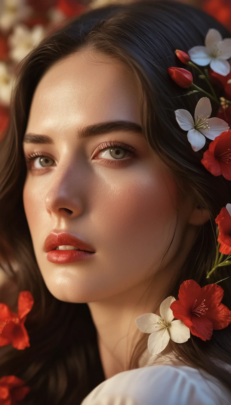 1girl, long dark hair, flowers woven into hair, white and red flowers, soft warm lighting, partially lit face, calm pensive expression, detailed eyes and lips, artistic photography style, warm color scheme, intimate, peaceful, (best quality,4k,8k,highres,masterpiece:1.2),ultra-detailed,(realistic,photorealistic,photo-realistic:1.37),HDR,studio lighting,extreme detail description,professional,vivid colors,bokeh