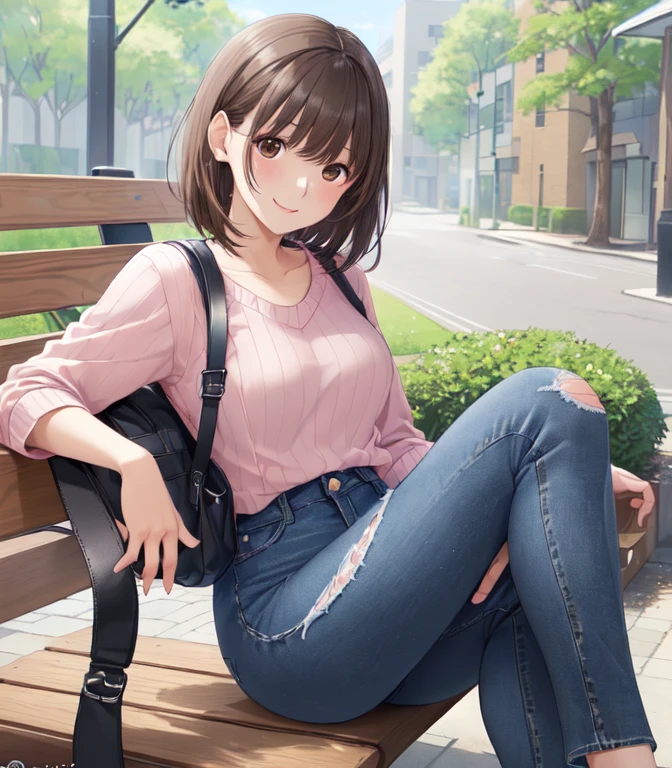 (Highest quality,4K,8k,High resolution,masterpiece:1.2), ((Highest quality)), ((masterpiece)), (detailed), (((Perfect Face))),Cowboy Shot ,超detailed, 


anegasaki nene、Shiny brown hair, short hair, Beautiful brown eyes、smile、Sparkling eyes, (Fine grain)、超detailedな目、非常にdetailedな顔, 非常にdetailedな目,

Only one female, (Sitting on a bench), stylish (Pink refreshing ribbed knit) (Denim pants), Mature Woman, /(Light reddish brown short hair/) bangs, 優しいsmile, (masterpiece Highest quality:1.2) 繊細なイラスト 超detailed, Big Break (A typical college campus) Outdoor, Casual Bags, noon, detailedな背景