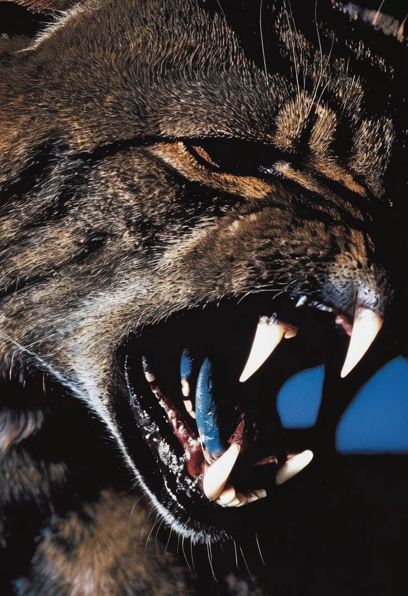 giant angry cat at night, blue background