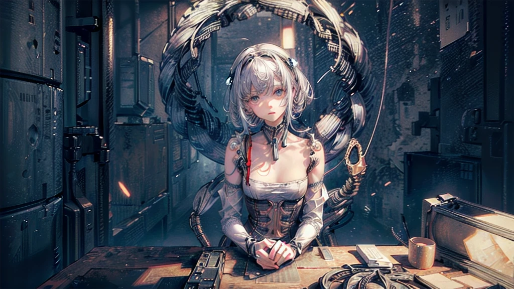 (((masterpiece))), (((Highest quality))), ((Very detailed)), (Highly detailed CG illustrations), ((Very delicate and beautiful)),(Cute and delicate face),Light,((1. Machine Girl)),alone,whole body,(Machine made joints:1.4),((Mechanical Limbs)),(Muscle swelling),(The container is connected to a tube),(Brain in a container:1.3),((Mechanical vertebrae attached to the back)),((Mechanical cervical spine attached to the neck)),((Sitting)),poker face,(Wires and cables attached to head and body:1.5),Small breasts,short hair,(Character Focus),SF,Dark shortcuts,Centering shortcuts,A devastated society,alone,