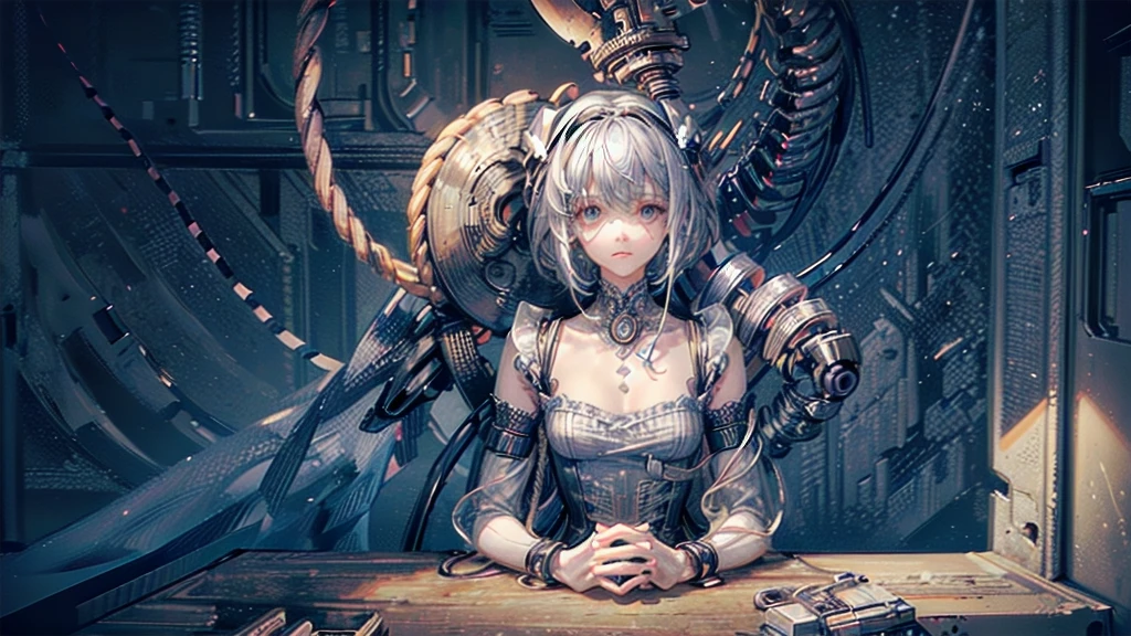 (((masterpiece))), (((Highest quality))), ((Very detailed)), (Highly detailed CG illustrations), ((Very delicate and beautiful)),(Cute and delicate face),Light,((1. Machine Girl)),alone,whole body,(Machine made joints:1.4),((Mechanical Limbs)),(Muscle swelling),(The container is connected to a tube),(Brain in a container:1.3),((Mechanical vertebrae attached to the back)),((Mechanical cervical spine attached to the neck)),((Sitting)),poker face,(Wires and cables attached to head and body:1.5),Small breasts,short hair,(Character Focus),SF,Dark shortcuts,Centering shortcuts,A devastated society,alone,