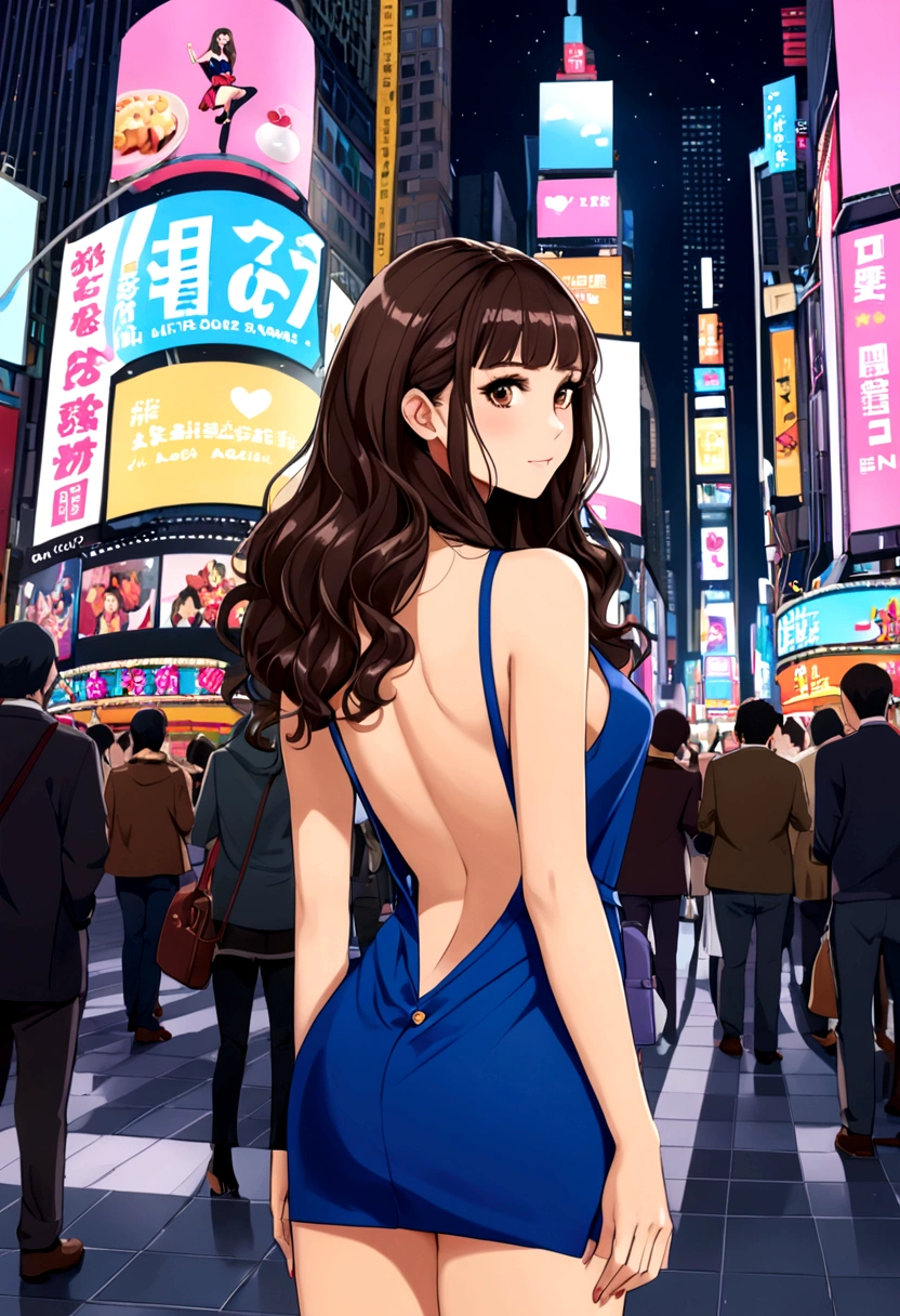 A 20-year-old woman who just became an adult、A little flashy、Grown-up、Hair、Unshaven、Fluffy curly hair、Backless clothing that accentuates the body line、High heels、sexy、whole body、A little to the right of the center of the screen、whole body、Back view、In the hand、Branded second bag、A female character who looks like Nina Dobrev、Times Square at night。