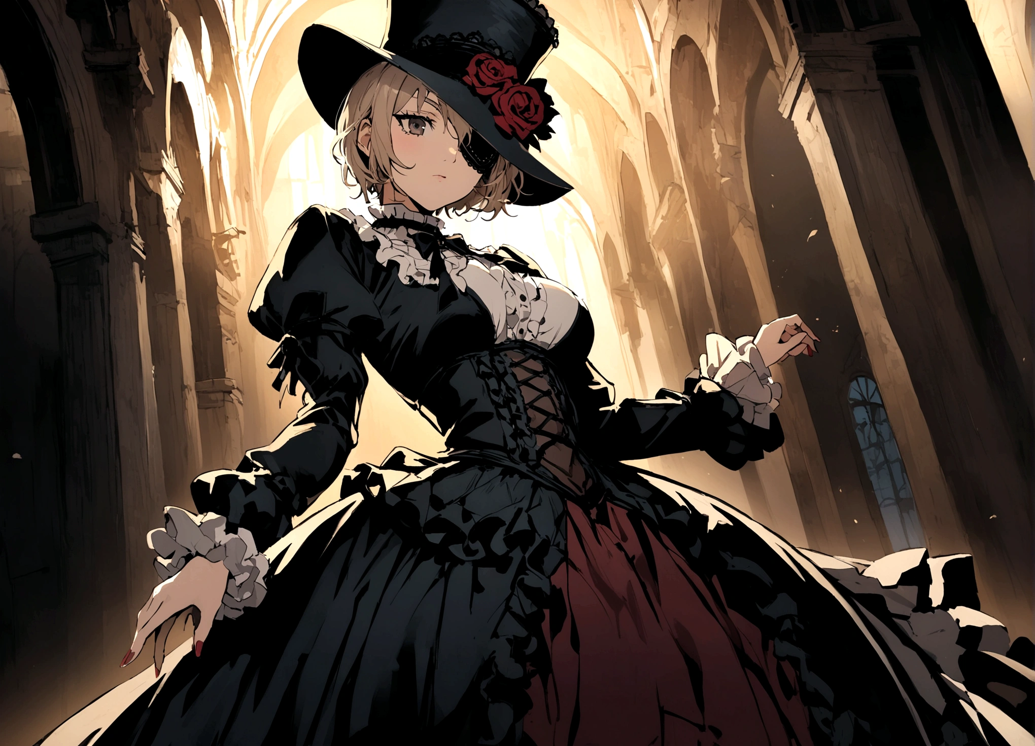 Taylor Swift (age 25) is playing a 'steampunk card shark', (victorian dress breasts over exposed., gadget eyepatch over one eye),
