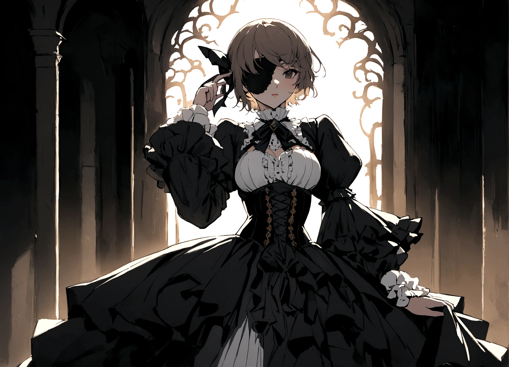 Taylor Swift (age 25) is playing a 'steampunk card shark', (victorian dress breasts over exposed., gadget eyepatch over one eye),
