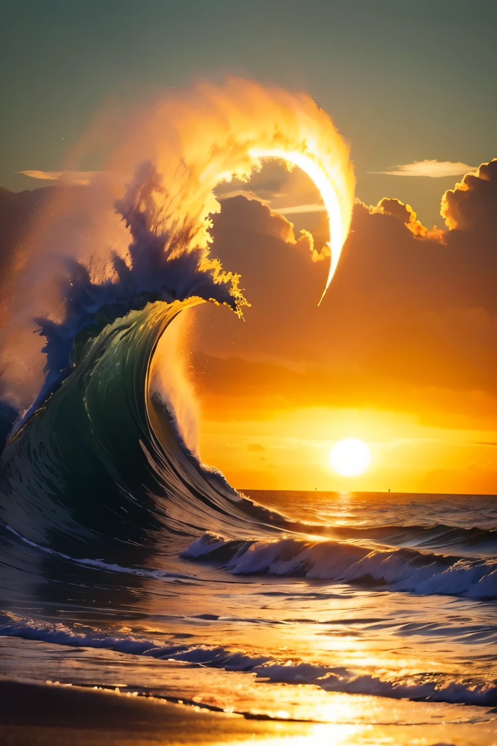 Giant wave,dragon shaped wave, two horns at dragon head, illuminated by the rays of the setting sun ,sunset, The ocean in the background, palm trees beside long beach,On-air lighting,Thin clouds,Smooth Lines,shades of light blue and white,calm and majestic scene,Stunning details,artistic interpretation,Pictorial style,Masterpiece:1.2