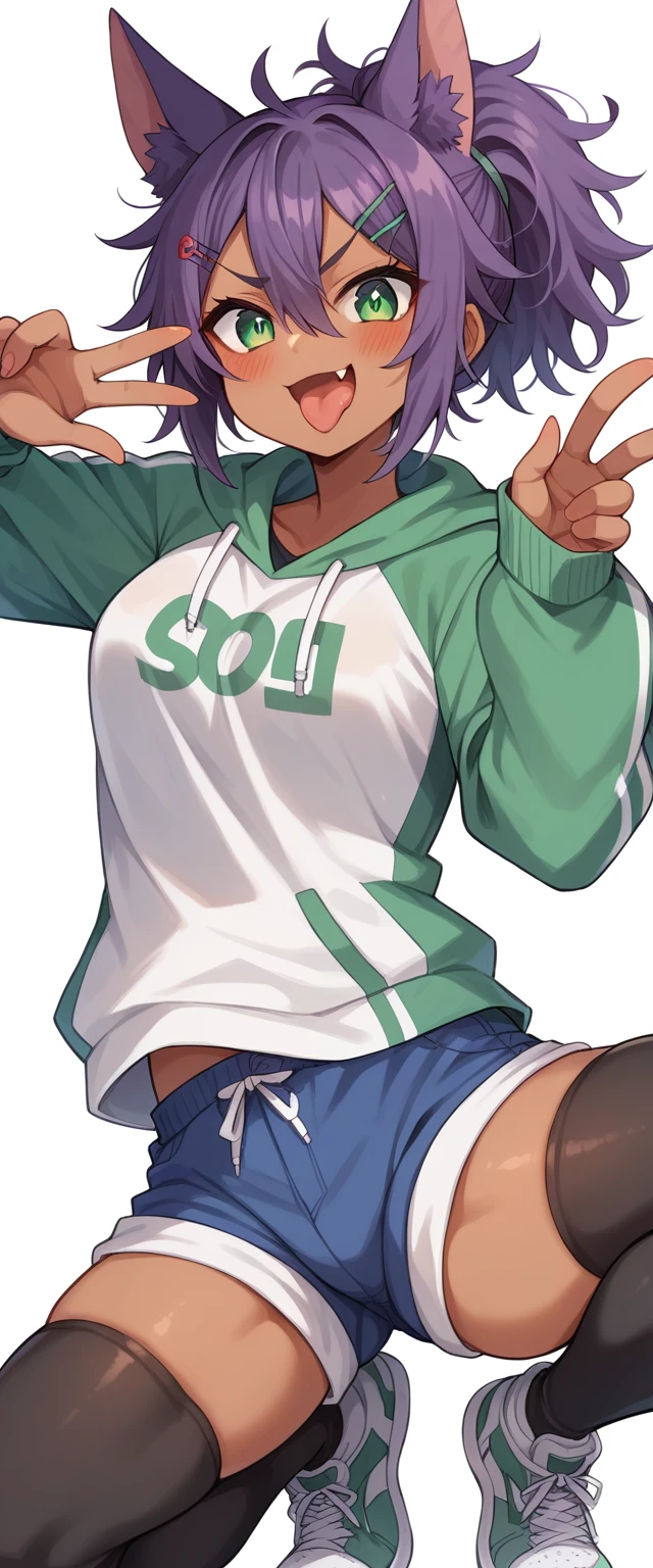 highres,1girl,animal ears,bangs,blush,red and green odd eyes,open mouth,fang,dark-skinned female,hair between eyes,hair ornament,hairclip,looking at viewer,smile,solo,v-shaped eyebrows,thighhighs,underwear,streetwear,sneakers,tongue,gal,shorts,KEMOMIMI,fang dark-skinned female,taut clothing,ponytail,Short messy hair,purple hair,two or more colors,white background,simple background,
