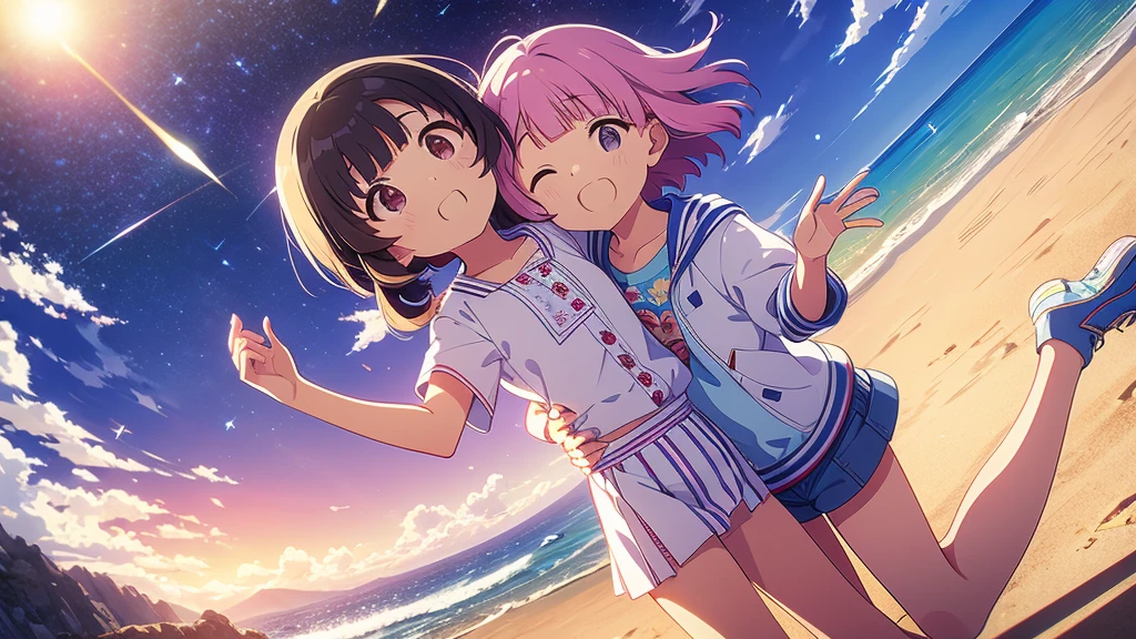 Una linda camisa blanca que la deja ver. 、Falda de vuelo celeste con volantes、Se levanta la falda con ambas manos para lucir su linda ropa interior blanca.、Linda ropa interior blanca visible cuando se levanta la falda.、Playa de arena, Mar hermoso, noche y cielo estrellado