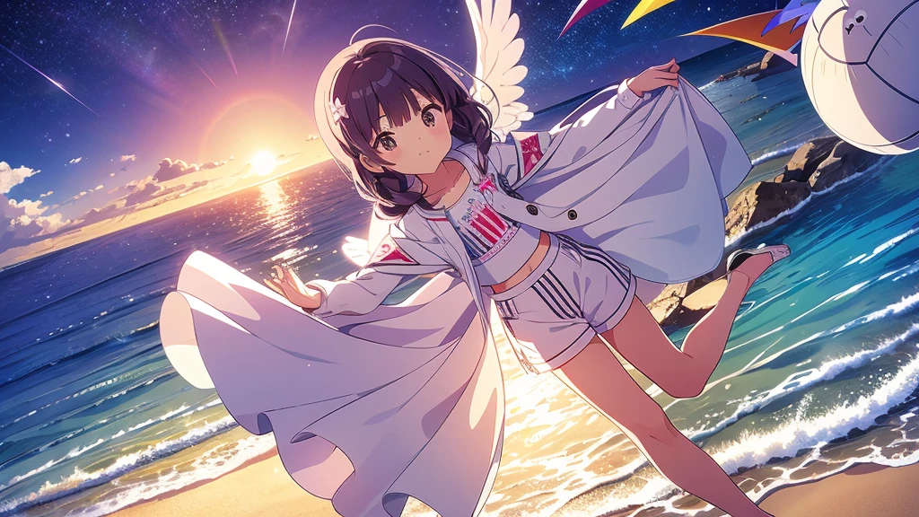Una linda camisa blanca que la deja ver. 、Falda de vuelo celeste con volantes、Se levanta la falda con ambas manos para lucir su linda ropa interior blanca.、Linda ropa interior blanca visible cuando se levanta la falda.、Playa de arena, Mar hermoso, noche y cielo estrellado