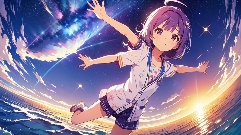 Una linda camisa blanca que la deja ver. 、Falda de vuelo celeste con volantes、Se levanta la falda con ambas manos para lucir su linda ropa interior blanca.、Linda ropa interior blanca visible cuando se levanta la falda.、Playa de arena, Mar hermoso, noche y cielo estrellado