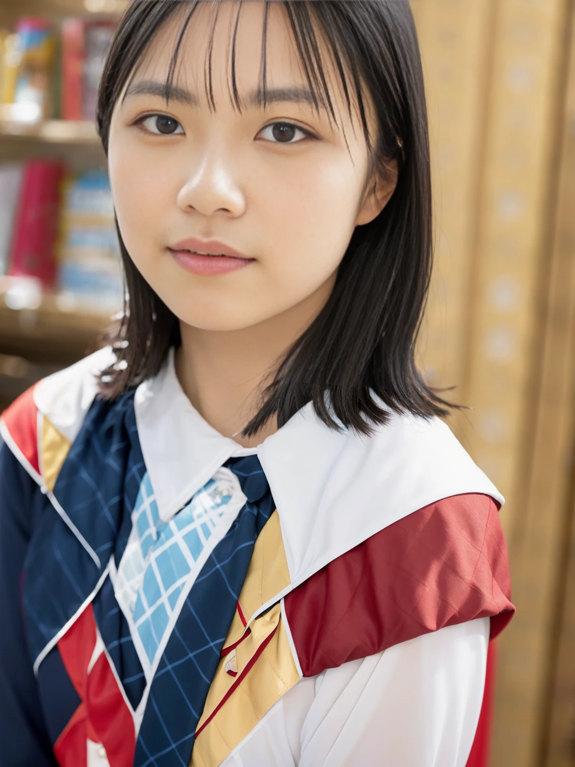 (Tabletop, Highest quality:1.2), 8k, 18-year-old, 85mm, Official Art, RAW Photos, Absurd, White dress shirt, Cute face, close, Upper Body, Viola Lace, Gardenia, beautiful girl, , (Navy Pleated Skirt:1.1), Cinch waist, Thighs Thighs Thighs, Short sleeve, library, Looking at the audience, No makeup, (smile:0.4), Film Grain, chromatic aberration, Sharp focus, Face Light, Bright lighting, Teen, Detailed face, Background blur, (Dark red tie:1.1)、Medium chest