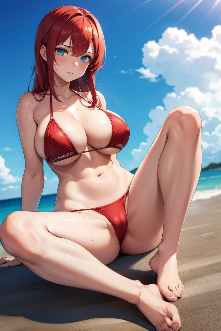 barefoot , sweat, 1 girl, blue eyes, red hair, big breasts, 4k detailed bikini 