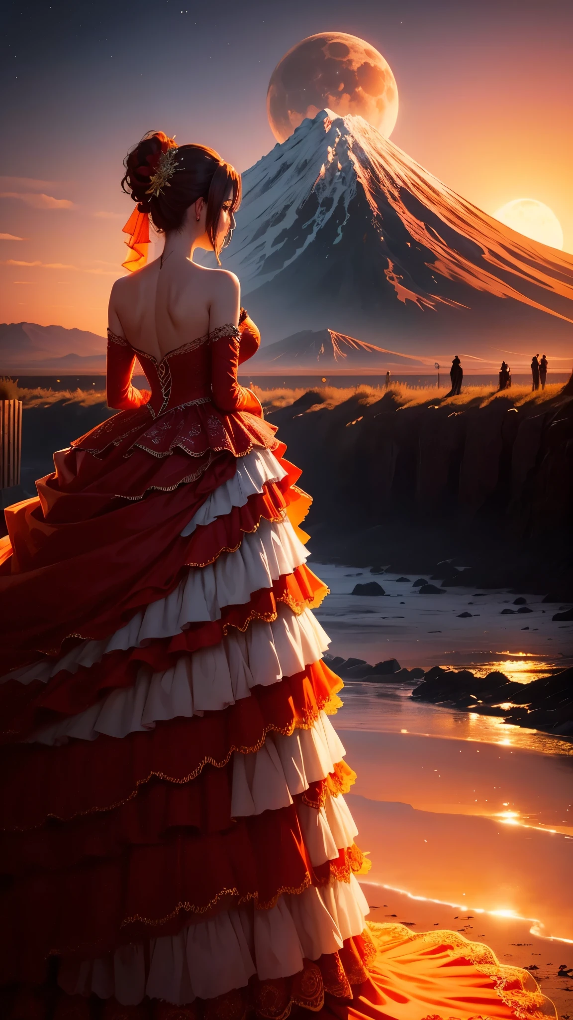 Fiery wedding dress with a long fiery train, Sunset Horizon, background cascade volcano, background huge moon and star swirl