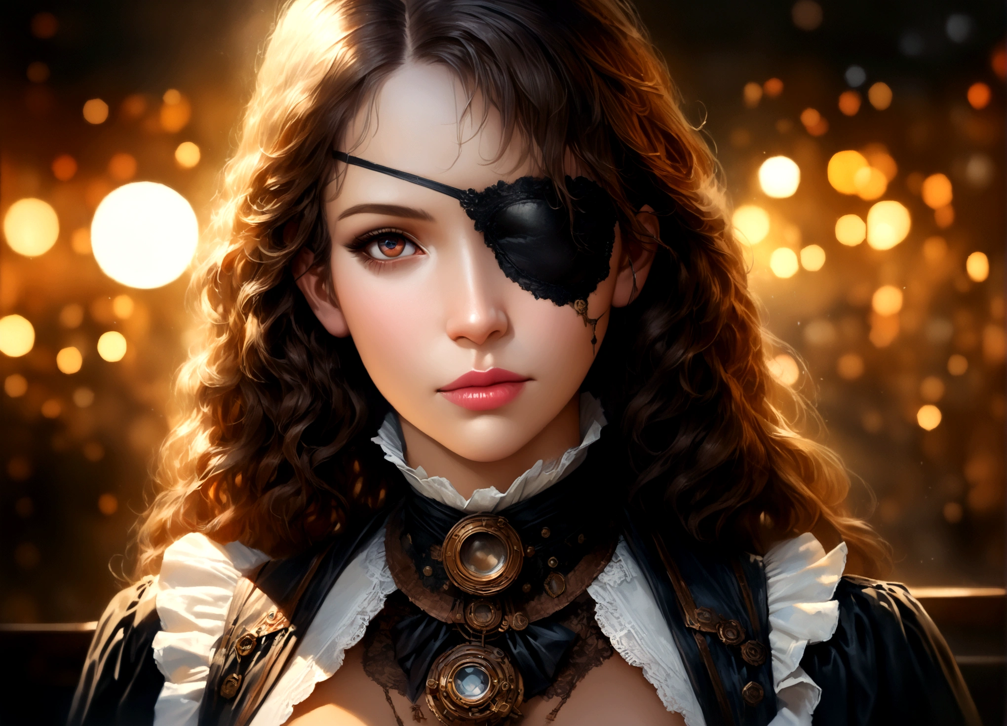 beautiful detailed face, beautiful detailed eyes, beautiful detailed lips, extremely detailed face and eyes, long eyelashes, 1girl, beautiful victorian dress, breasts exposed, gadget eyepatch over one eye, steampunk, victorian, card shark, (best quality,4k,8k,highres,masterpiece:1.2),ultra-detailed,(realistic,photorealistic,photo-realistic:1.37),HDR,UHD,studio lighting,ultra-fine painting,sharp focus,physically-based rendering,extreme detail description,professional,vivid colors,bokeh