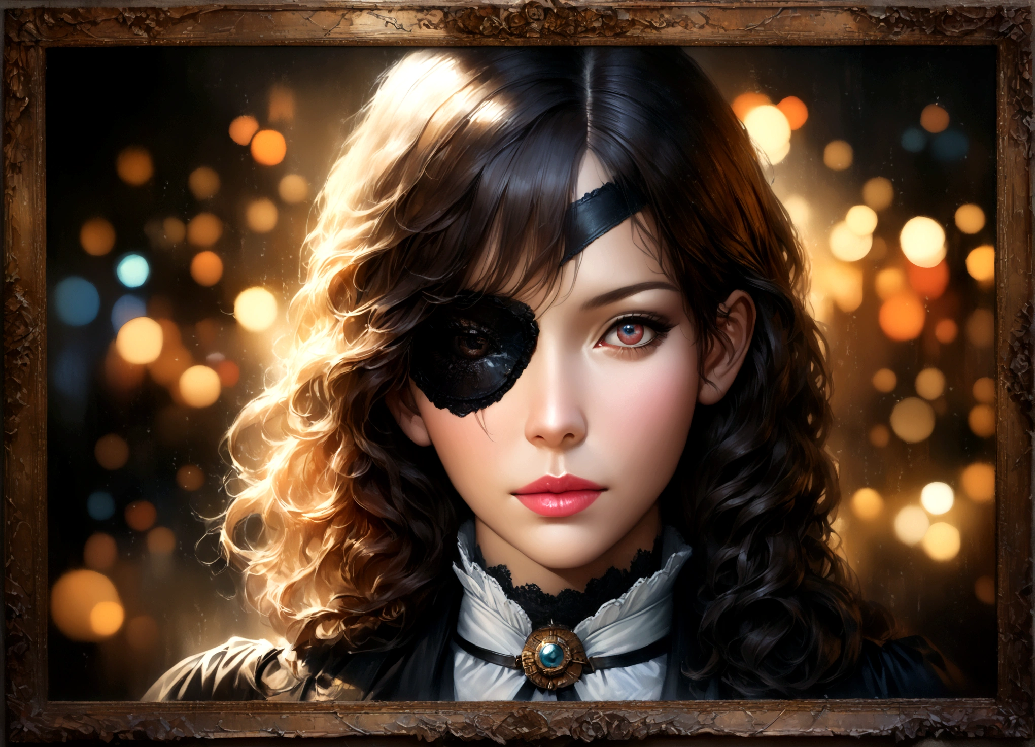 beautiful detailed face, beautiful detailed eyes, beautiful detailed lips, extremely detailed face and eyes, long eyelashes, 1girl, beautiful victorian dress, breasts exposed, gadget eyepatch over one eye, steampunk, victorian, card shark, (best quality,4k,8k,highres,masterpiece:1.2),ultra-detailed,(realistic,photorealistic,photo-realistic:1.37),HDR,UHD,studio lighting,ultra-fine painting,sharp focus,physically-based rendering,extreme detail description,professional,vivid colors,bokeh