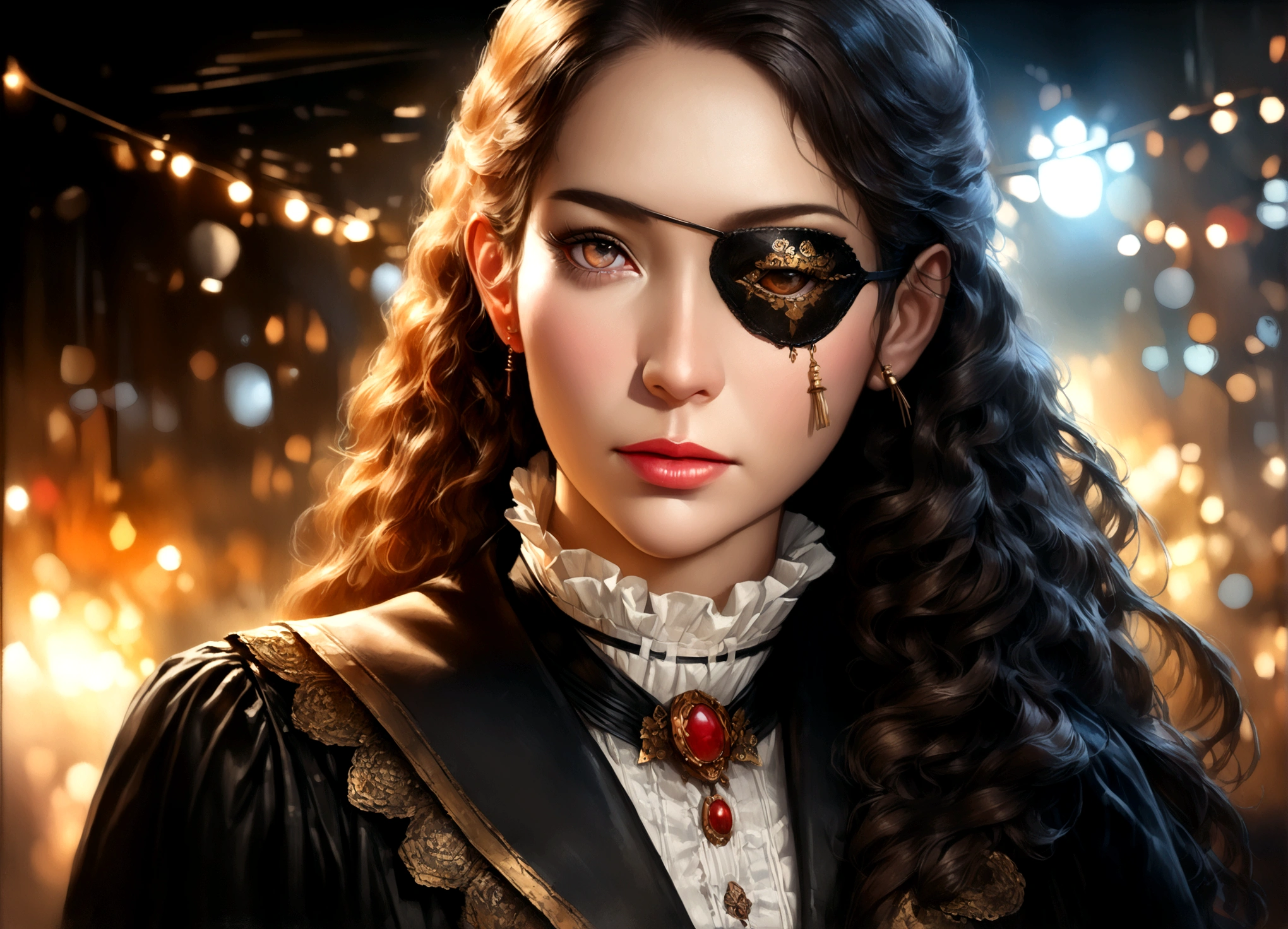 beautiful detailed face, beautiful detailed eyes, beautiful detailed lips, extremely detailed face and eyes, long eyelashes, 1girl, beautiful victorian dress, breasts exposed, gadget eyepatch over one eye, steampunk, victorian, card shark, (best quality,4k,8k,highres,masterpiece:1.2),ultra-detailed,(realistic,photorealistic,photo-realistic:1.37),HDR,UHD,studio lighting,ultra-fine painting,sharp focus,physically-based rendering,extreme detail description,professional,vivid colors,bokeh
