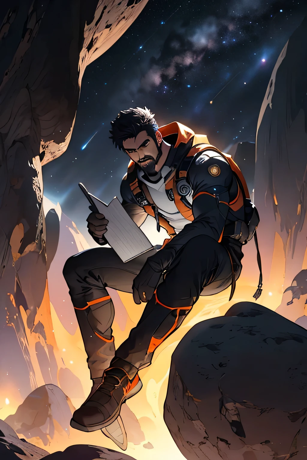 Draw a young programmer, sitting on a research platform floating in the middle of an asteroid belt. He is studying with a notebook, surrounded by several asteroids glowing with fiery auras. Dramatic lighting from distant stars and planets illuminates the scene, casting deep shadows on the suit. The young man looks confident and determined, looking at the vast and mysterious universe with wonder and respect,facial hair, cowboy shot,