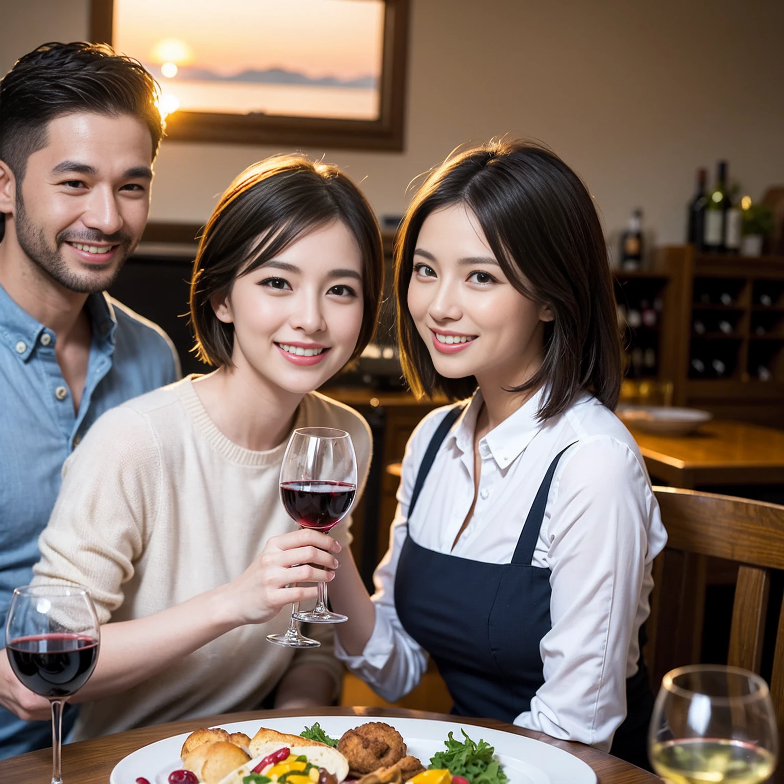 ((Highest quality、8k、masterpiece:1.3))、 (Genuineistic, Genuine、Bright image、Intricate details:1.2), 最高のsmile 男性1人 女性1人、Beautiful couple、lover、Relatives and friends、spouse、actress couple、smile、Full-course dinner at a packed table、 (Slim face), (the body is slim), (Brown Hair), (short hair), テーブルのwine glass、Please shine a light on my face、 Amazing view of the sunset sky and clouds、 (33 years old)38 years old, red wine 、Appetizers、Wine bottle、sparkling wine、Long sleeve shirt、dress、White wine, red wine, wine glass, 
