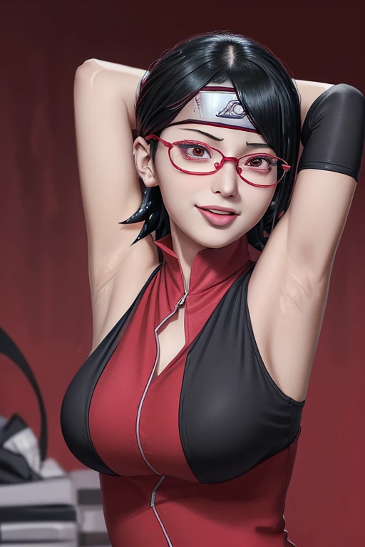 1girl, sarada uchiha in anime naruto, short hair, sexy dress, black hair, red eyes, smile, beautiful, black clothes, wearing glasses red, very big breast, sexy clothes, realistic clothes, detail clothes, indoor background, ultra detail, realistic,arms up,arms behind head,armpits show,wet armpits,lick armpits,tongue out,tongue saliva