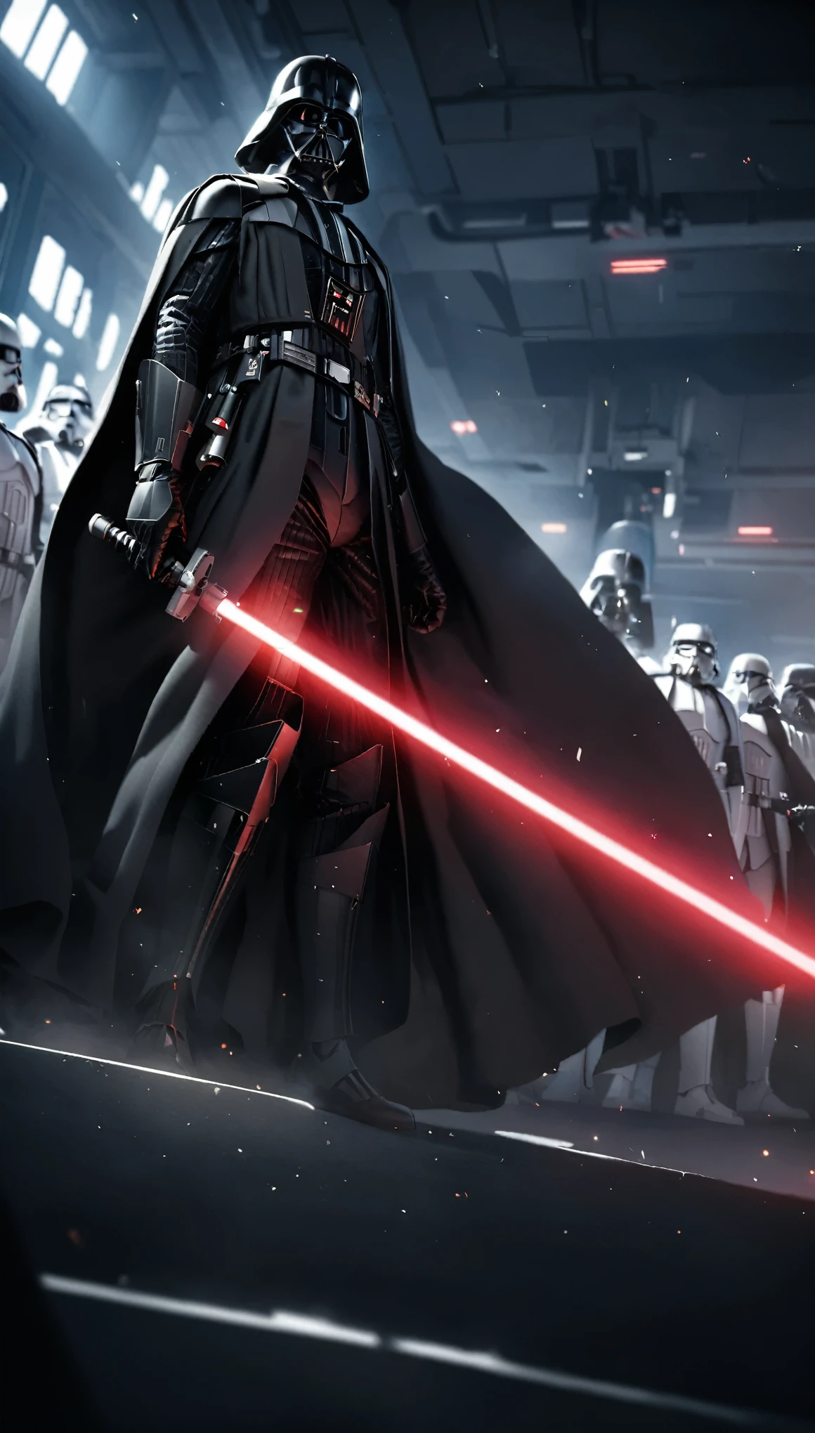 darth vader standing in front of a group of storm troopers in a room,
holding lightsabe in his hands, walking across a bunch of stormtroopers behind him,
Black_outfit,hood, hood_up, boots, darth vader helmet,cape,armor, shoulder armor, armored boots,  
glowing_sword, glowing_weapon,holding_sword, holding_weapon, hood, laser, lightsaber,holding a lightsaber,energy_sword, glowing, glowing_weapon,darth vader,
1 Man, looking at viewer,(closed mouth:1.0),
NSFW,official art,extremely detailed CG unity 8k wallpaper, perfect lighting,Colorful, Bright_Front_face_Lighting,
(masterpiece:1.0),(best_quality:1.0), ultra high res,4K,ultra-detailed,
photography, 8K, HDR, highres, absurdres:1.2, Kodak portra 400, film grain, blurry background, bokeh:1.2, lens flare, (vibrant_color:1.2)