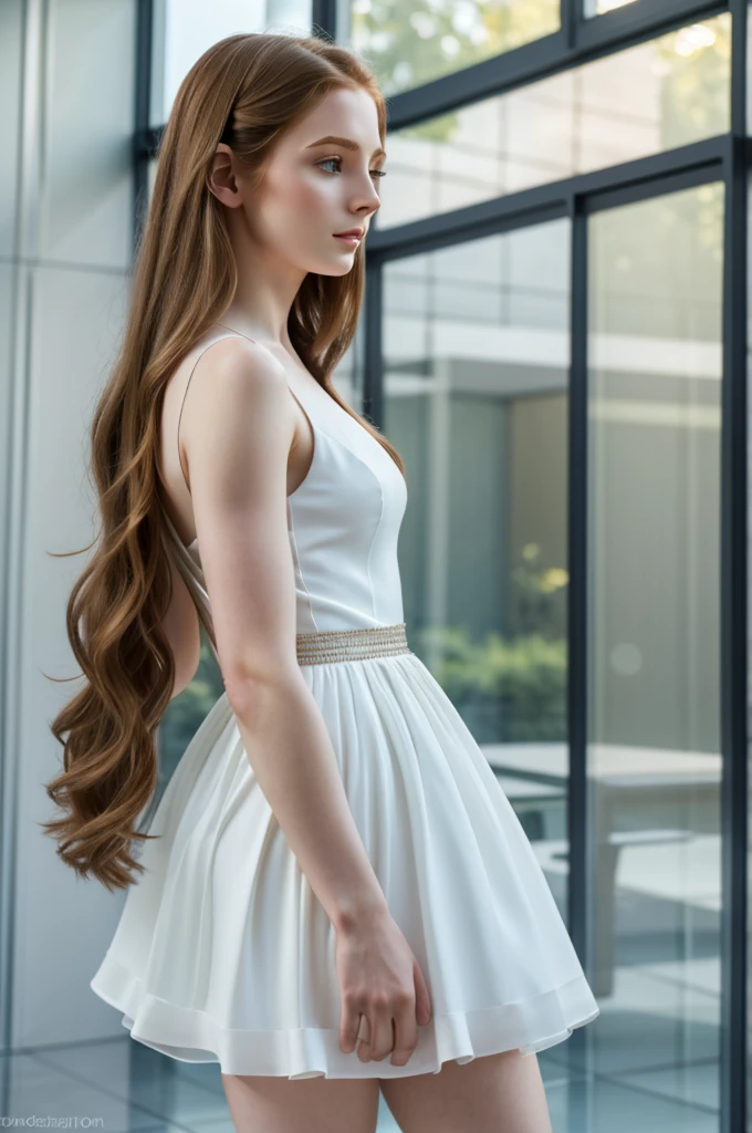 a beautiful 23 year old girl, long flowing brown hair, piercing blue eyes, delicate facial features, pale skin, standing by a large glass wall, sunlight streaming through, serene expression, elegant white dress, graceful pose, realistic, photorealistic, 8k, high quality, detailed, masterpiece, cinematic lighting, vibrant colors, detailed environment