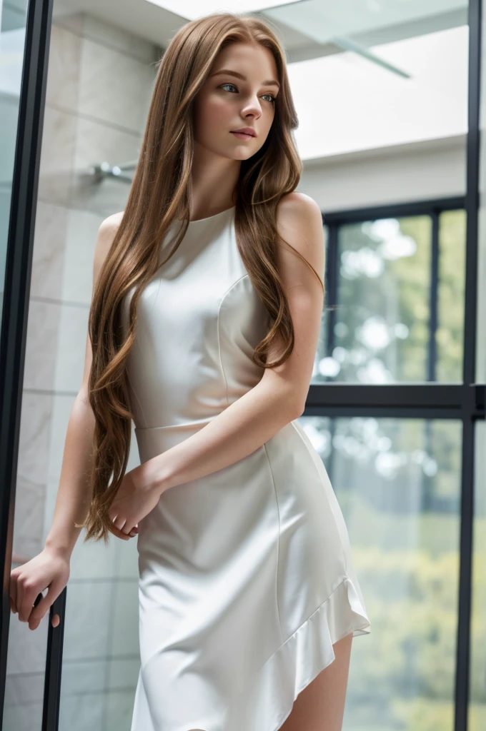 a beautiful 23 year old girl, long flowing brown hair, piercing blue eyes, delicate facial features, pale skin, standing by a large glass wall, sunlight streaming through, serene expression, elegant white dress, graceful pose, realistic, photorealistic, 8k, high quality, detailed, masterpiece, cinematic lighting, vibrant colors, detailed environment