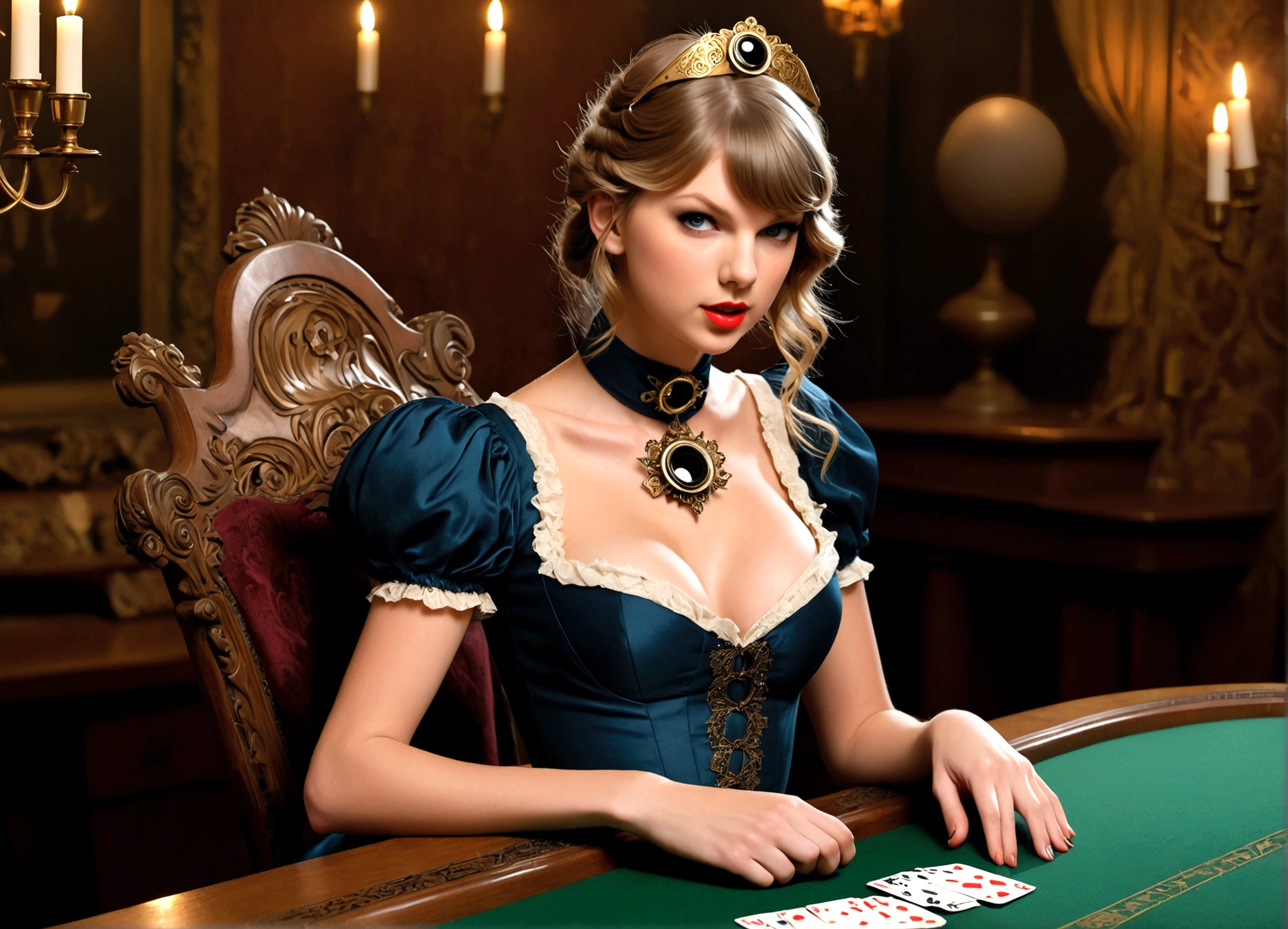 Taylor Swift (age 25) is playing a 'steampunk card shark', (victorian dress breasts over exposed., gadget eyepatch over one eye),
