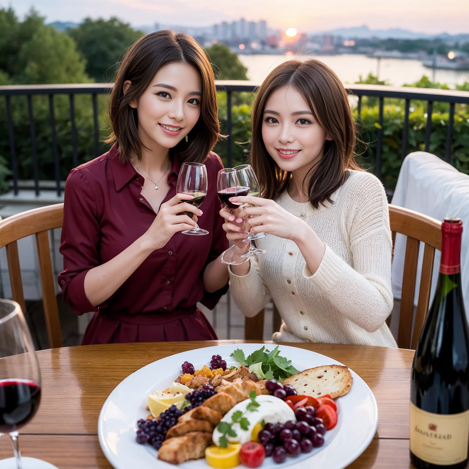 ((Highest quality、8K、masterpiece:1.3))、Slim Couple、Model Couple、(Realistic, Intricate details:1.2), full-course dinner、Wine Party、Amazing view of the sunset sky and clouds、A bright smile、The wonderfulness of smiles、Bright image、The beauty of wine, Beautiful Face, blue eyes, The light shines on your face, Blushing, short hair,Bright Face、 (Age 37), 39 years old, red wine 、Appetizers、Italian food、Wine bottle、Champagne、sparkling wine、Two beauties、Brown Hair、Shortcuts、Long sleeve shirt、dress、