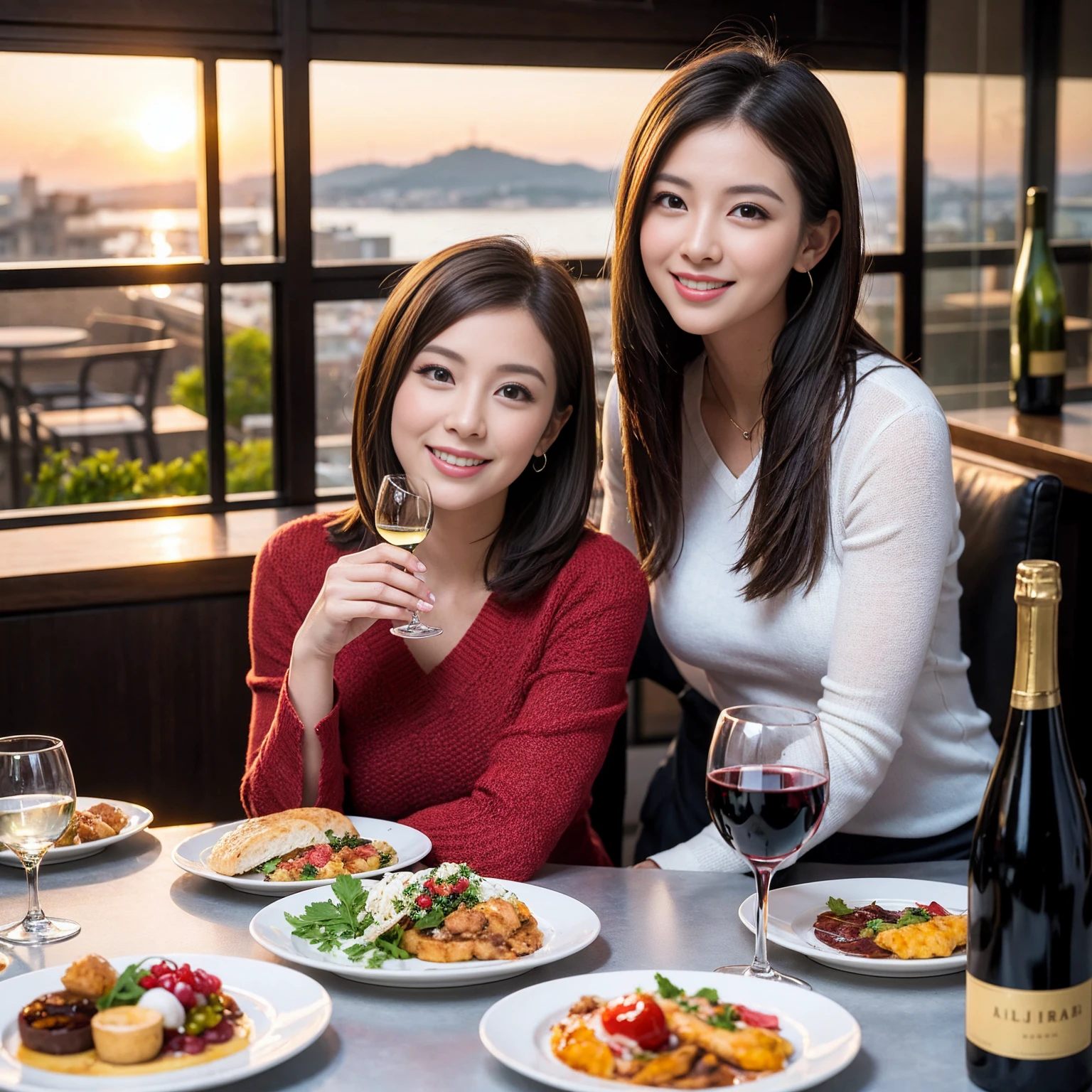 ((Highest quality、8k、masterpiece:1.3))、 (Genuineistic, Genuine、Bright image、Intricate details:1.2), Best smile 1 man 1 woman、Beautiful Couple、Lovers、Relatives and friends、actress couple、couple、Model Couple、Smile、A full-course dinner with a full table、テーブルにwine glass、 (Slim face), (The body is slim), (Brown Hair), (short hair), Please shine a light on my face、 Amazing view of the sunset sky and clouds、 (age 34), 38 years old, red wine 、Appetizers、Wine bottle、sparkling wine、Long sleeve shirt、dress、White wine, red wine, wine glass, 