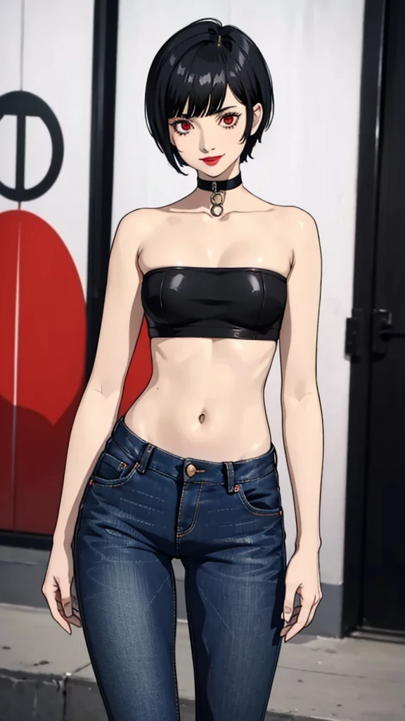 1 girl, red eyes, very Short hair, black choker, lipstick , smile, black hair, tomboy Pixie haircut, white bandeau, belly, jeans, cowboy shot,