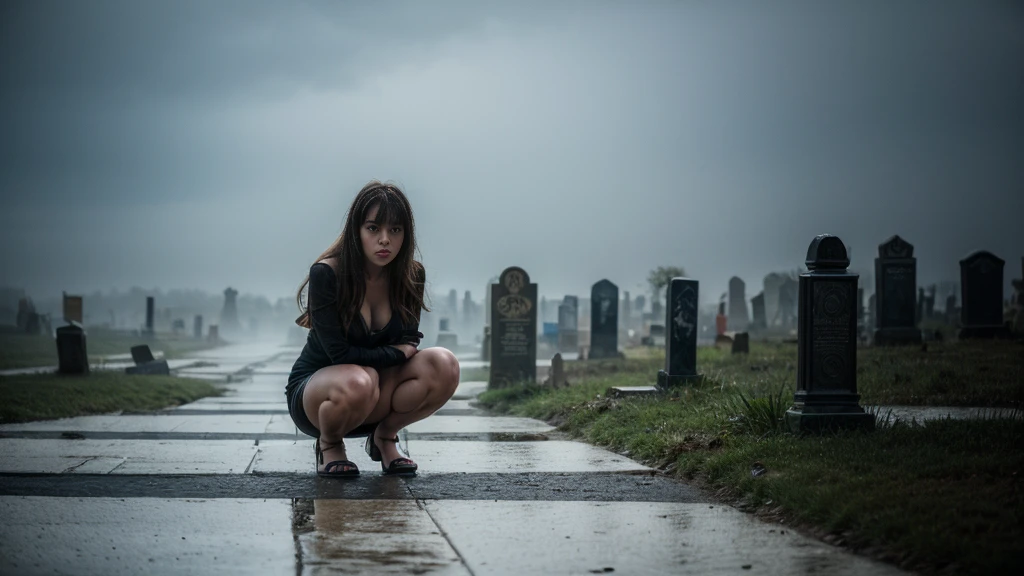 (YES SFW), A dressed girl desperately needs to relieve herself、(she wears a veil and a rag, a sheet around her waist, a shawl on her shoulders), (Correct anatomy of the fingers)、（Draw hands and feet separately)、very beautiful、Ideal proportions、small breasts、Very stylish、barefoot、(in a fog filled graveyard:1.37)、(Squat with your legs wide apart:1.37), skirt on knees、(Place your hands on your knees and skirt)、(Anguished expression:1.4)、looking at the camera、Close-up、highest quality、Super detailed、Real、Beautiful proportions、Vibrant colors、Sharp focus、Tense atmosphere、Classical composition、art、Striking details、Artistic subtleties、Harmonious color palette、Sublime Beauty、Aesthetic perfection、Captivating eyes、Pure brilliance、Impeccable Features、Dreamy atmosphere、Sophisticated style、Timeless elegance、Finishing the masterpiece、Exquisite craftsmanship、Meticulous attention to detail、Sublime proportions、Artistic excellence、living work of art、Otherworldly charm、Fairytale-like setting、Unforgettable gaze、Majestic presence、natural breasts, Smoke and clouds roil around her, adding to the sense of epic scale and drama. The lighting is dark, gloomy, and realistic, creating a tense and ominous atmosphere. The perspective is from below, emphasizing the sheer majesty and power of the girl. [The character is surrounded by mist, evoking a mysterious and eerie atmosphere. The lighting is dark and atmospheric, with a red smoke adding a touch of sinister ambiance. The image is of the best quality, with a resolution of 4k and HDR enhancement, showcasing the utmost level of detail and realism, sfw, full body shot.]