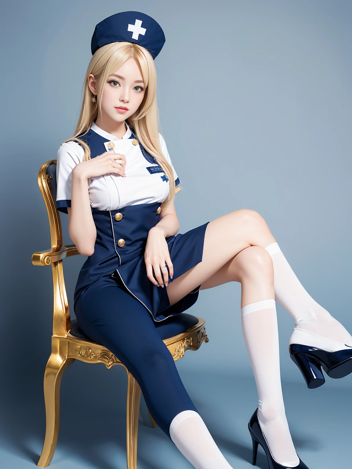 A blonde hair anime nurse girl, navy blue and white nurse outfit with golden decorations, wearing black stockings on legs, sitting on chair