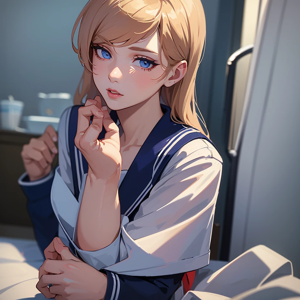 A feminine boy with two other boys in sailor uniforms, crossdressing, detailed facial features, beautiful eyes and lips, intricate details, 8K, highly detailed, photorealistic, masterpiece, vibrant colors, cinematic lighting