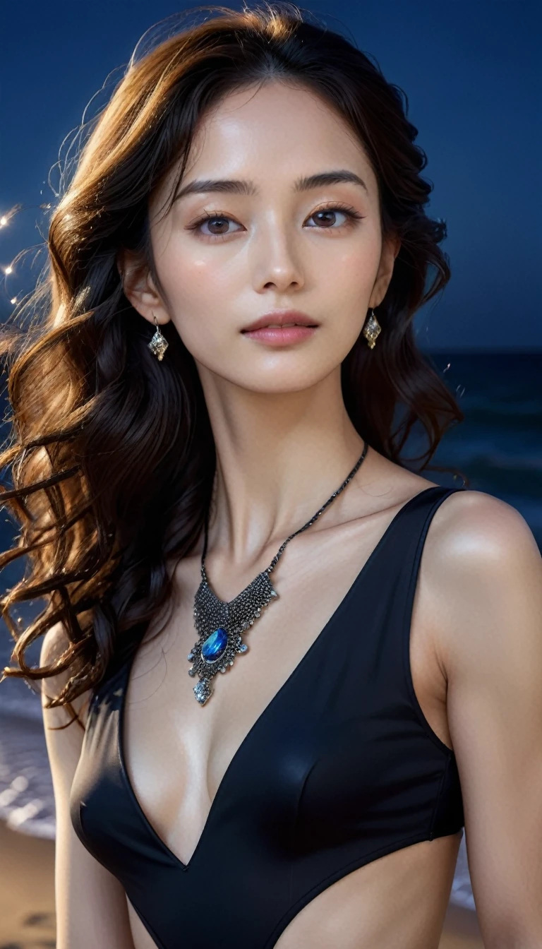 8k, masterpiece, RAW Photos, Highest quality, Realistic, Very detailed, Depth of written boundary, Cinematic Light, Anatomically correct body,
(An elegant and beautiful mature woman:1.2),
Wavy black long hair, Very beautiful face, Exquisitely detailed face, Goddess-like deity々Beautiful, Glamorous Body, Very sensitive skin, Transparent white skin, Sexy ass, Sexy thighs,
Leotard Swimsuit, Detailed cloth texture, Gorgeous necklace, Gorgeous earrings,
Starry sky background, Dark sandy beach at night, Pitch black sea surface,
Cowboy Shot,