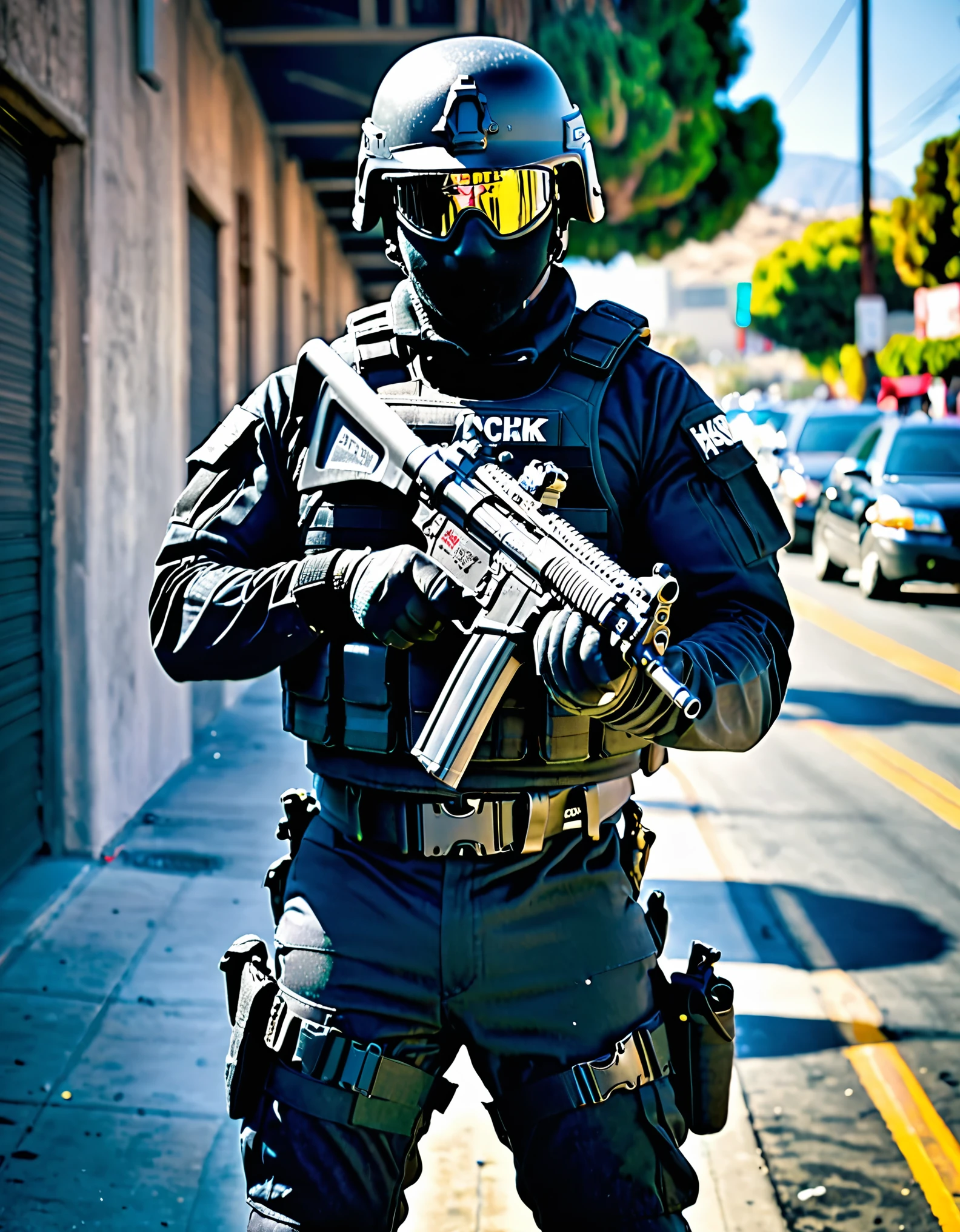 masterpiece, high quality, hires, 1man, solo, swat officer, (perfect hands, matching gloves, fingerless gloves, holding weapon, Heckler & Koch MP5), standing, on patrol, los angeles market backdrop, looking away