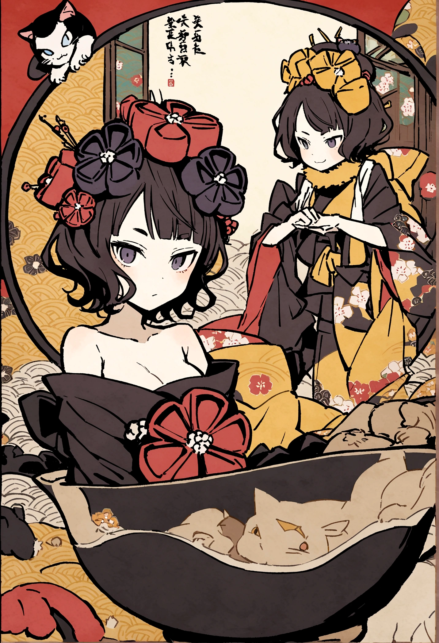 Anthropomorphic cat, bathing in a Goemon Buro, Oke, Japanese and cat screens in background, Katsushika Hokusai, Utagawa Kuniyoshi, delicate and detailed, Ukiyoe style, girl