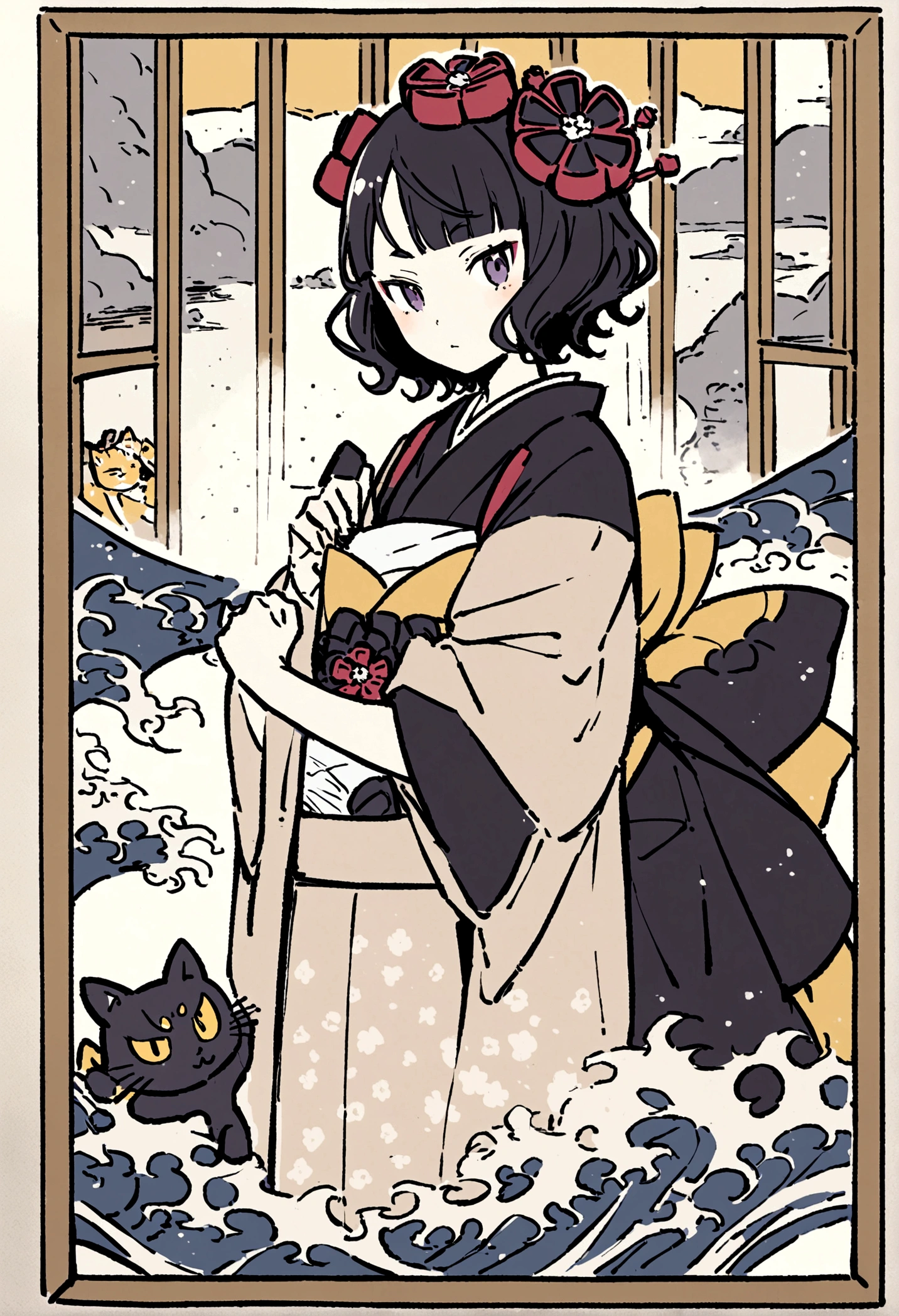 Anthropomorphic cat, bathing in a Goemon Buro, Oke, Japanese and cat screens in background, Katsushika Hokusai, Utagawa Kuniyoshi, delicate and detailed, Ukiyoe style, girl